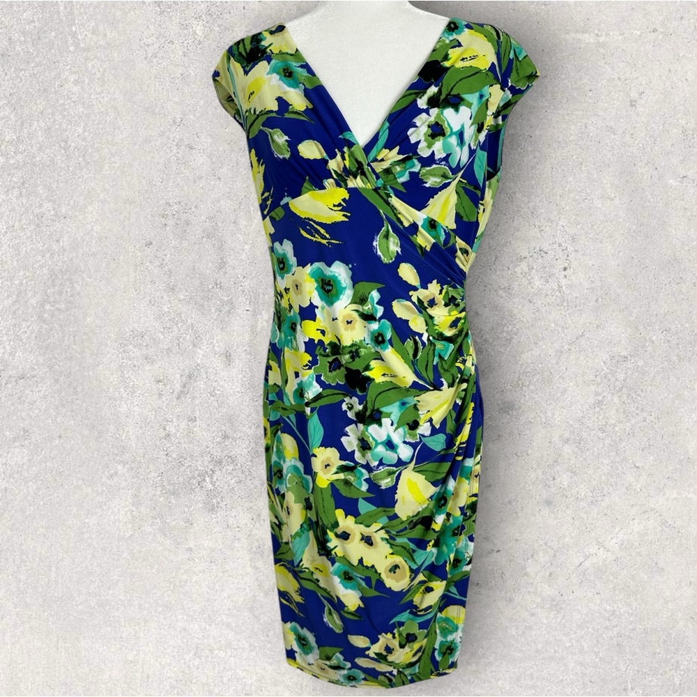Ralph Lauren Floral Sheath Dress Womens Size 12 V-Neck Sleeveless Shoulder‎ Pads